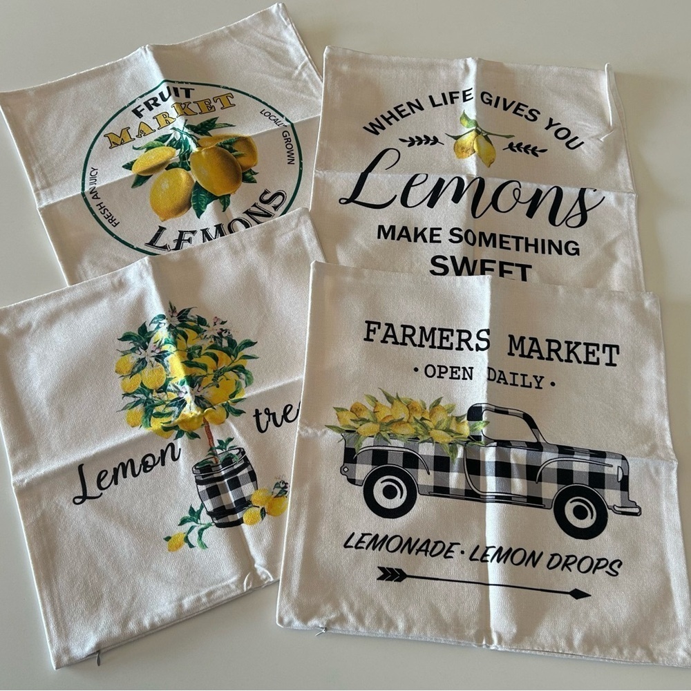 SUPER CUTE Pillow Covers with Black/White and Yellow Lemon Prints (set of 4)